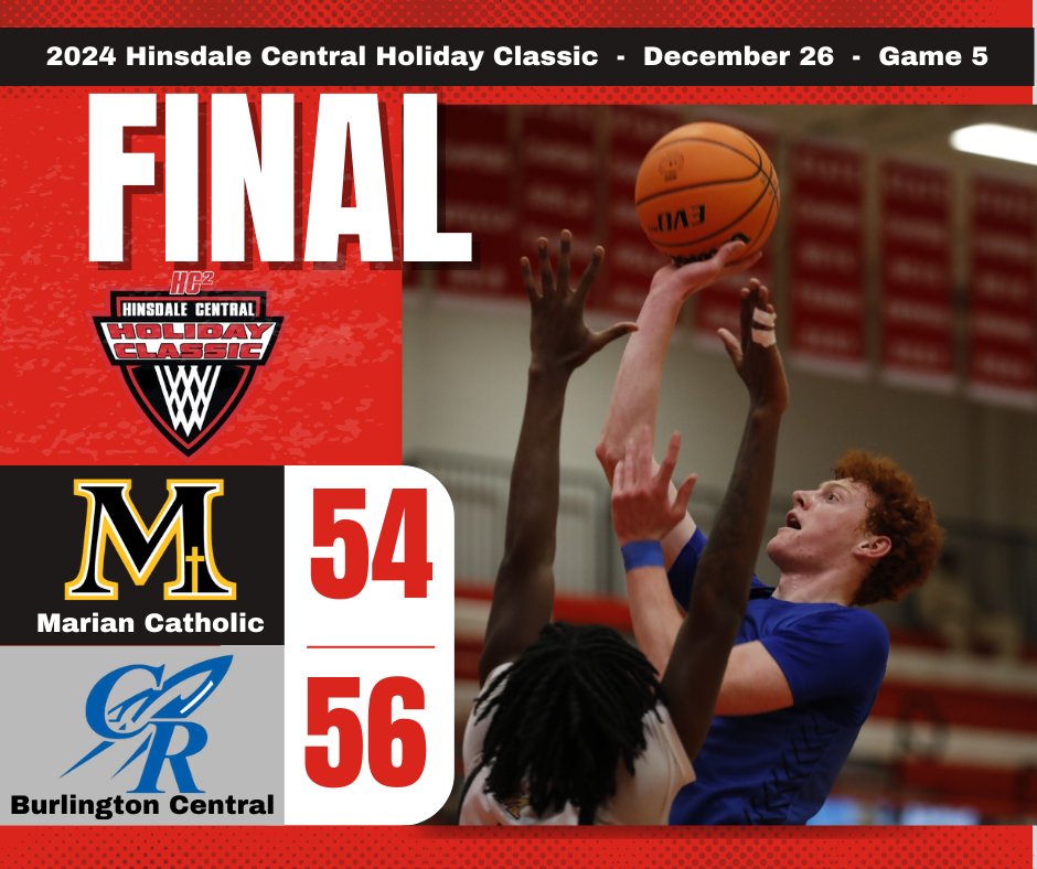After trailing for over 29 minutes of play, Burlington Central rallied in the second half to defeat Marian Catholic 56-54 in the opening round of the 2024 Hinsdale Central Holiday Classic. Patrick Shell scored 25 to lead Burlington Central. 
hcholidayclassic.com/2024stats/24hc…