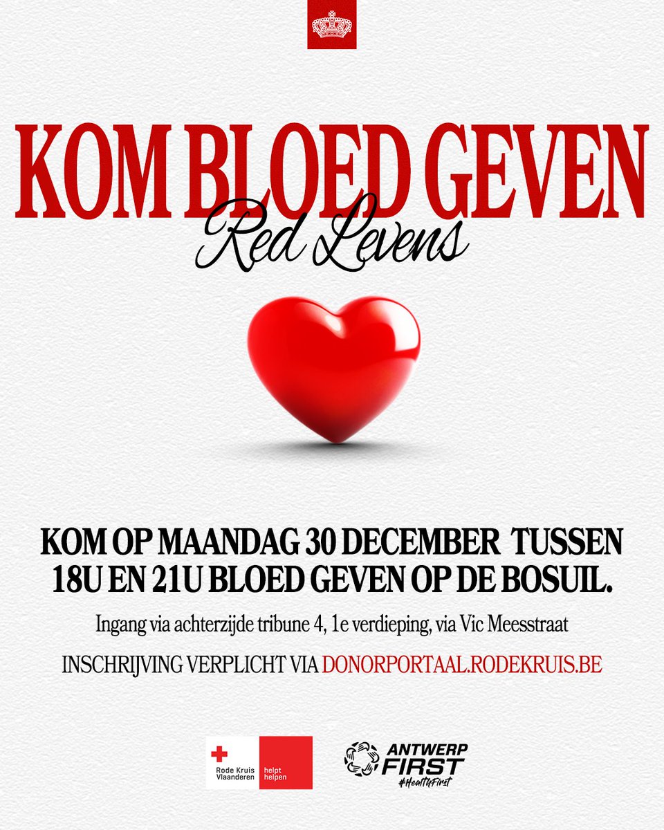 Morgen is het zover! Op maandag 30 december stellen we de Bosuil opnieuw open voor een bloedcollecte van Rode Kruis Vlaanderen. 🤝

Kom jij jouw Rood-Witte hart aan het werk zetten? ❤️🤍

Alle info vind je hier ➡️ royalantwerpfc.be/nieuws/zet-je-…
#AntwerpFirst #HealthFirst #GeefVoorElkaar