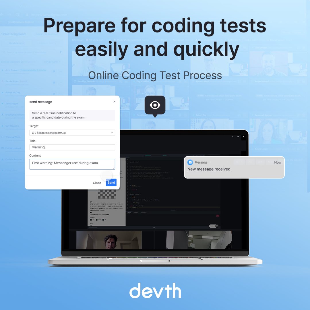 devth_official's tweet photo. 📢 Start hiring with DEVTH and experience Obserview.

The smart solution for managing large groups of applicants in developer hiring, preventing cheating, and providing real-time exam logs &amp; chat for smooth communication! https://t.co/k73lmLyAnB