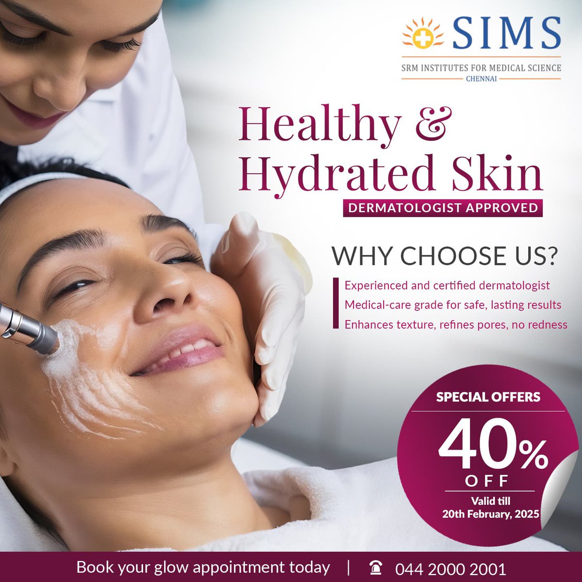SIMSHospital's tweet image. Experience radiant, healthy skin with our expert HydraFacial treatments, performed by certified dermatologists. Book now at 044 2000 2001 and get 40% off your HydraFacial treatment!

#SIMSHospital #BestMultispecialityHospital #HydraFacial #HealthySkin