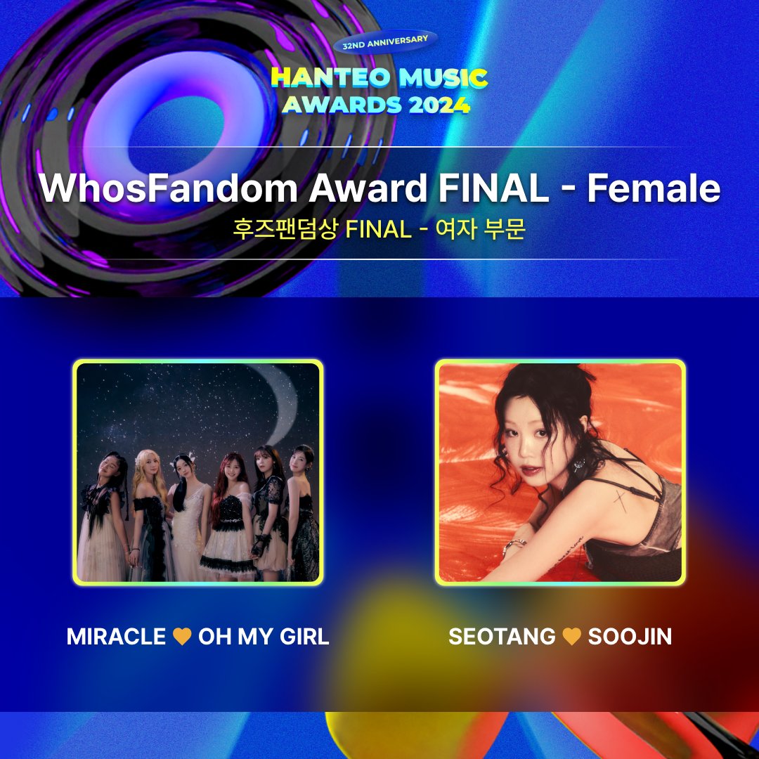 HANTEO MUSIC AWARDS ํํฐ๋ฎค์ง์ด์์ฆ (@hanteo_hmas) on Twitter photo #ํํฐ๋ฎค์ง์ด์์ฆ #HMA x #ํ์ฆํฌ #Whosfan
๐ข#ํ์ฆํฌ๋ค์ FINAL ํ๋ณด ๊ณต๊ฐ
#WhosFandomAward FINAL Nominees Announcement
๐FINAL๐
MIRACLEโค#OHMYGIRL <a href="/8_OHMYGIRL/">OHMYGIRL_official</a>
SEOTANGโค#SOOJIN <a href="/BRD_SOOJIN/">SOOJIN OFFICIAL</a>
๐ณ๏ธFINAL Voting
๐๏ธ12/30 12PM ~ 12/31 12PM (KST)
๐ bit.ly/3OuYlkU
๐ซ #ํํฐ๋ฎค์ง์ด์์ฆ #HMA x #ํ์ฆํฌ #Whosfan
๐ข#ํ์ฆํฌ๋ค์ FINAL ํ๋ณด ๊ณต๊ฐ
#WhosFandomAward FINAL Nominees Announcement
๐FINAL๐
MIRACLEโค#OHMYGIRL <a href="/8_OHMYGIRL/">OHMYGIRL_official</a>
SEOTANGโค#SOOJIN <a href="/BRD_SOOJIN/">SOOJIN OFFICIAL</a>
๐ณ๏ธFINAL Voting
๐๏ธ12/30 12PM ~ 12/31 12PM (KST)
๐ bit.ly/3OuYlkU
๐ซ