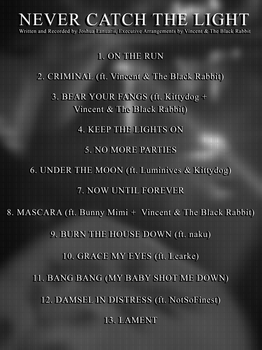 lanuarii 🐈⬛ (@jlanuarii) on Twitter photo my album - NEVER CATCH THE LIGHT - out now
available on all streaming platforms, from my heart to you
executively produced by <a href="/vinnyblackhare/">Vincent & The Black Rabbit</a>
13 songs, after over two years. i hope you give it a listen. all love is always appreciated. ❤️🖤🕯️
>ffm.to/nevercatchthel… my album - NEVER CATCH THE LIGHT - out now
available on all streaming platforms, from my heart to you
executively produced by <a href="/vinnyblackhare/">Vincent & The Black Rabbit</a>
13 songs, after over two years. i hope you give it a listen. all love is always appreciated. ❤️🖤🕯️
>ffm.to/nevercatchthel…