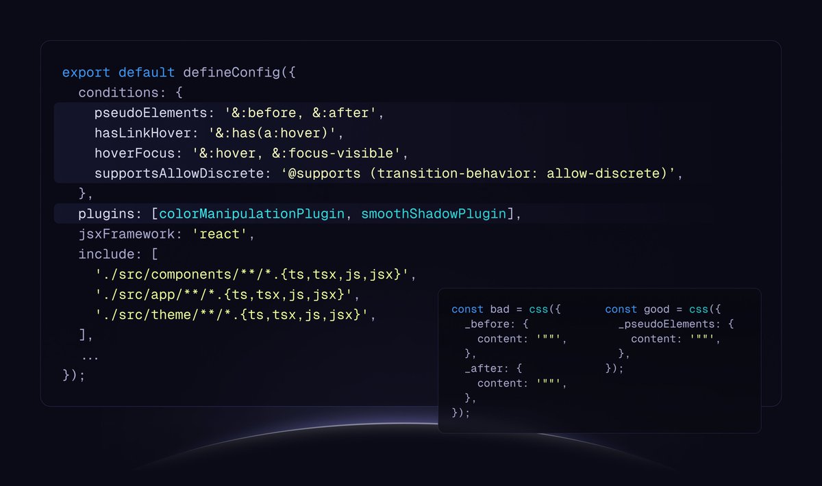 Working on some utilities / helpers for <a href="/panda__css/">Panda CSS</a> ✨ will be a repository with useful shorthands, minimal syntax to support newest CSS features:

- @​starting-style / transitioning display: block|none;
- Color generate plugin, for palettes, w/ helpers
- Shadow plugin, create