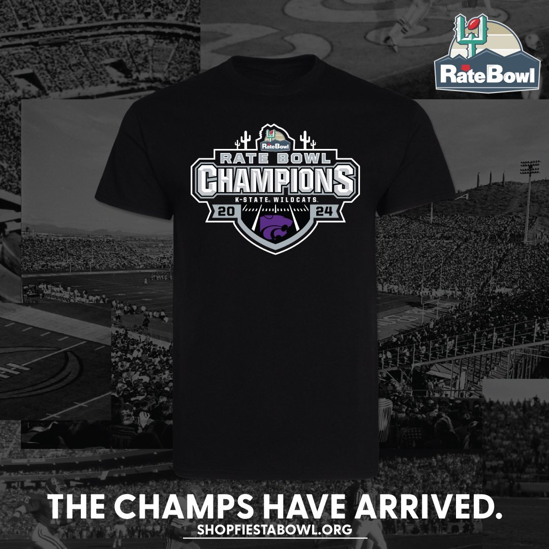 Rate Bowl (@ratebowl) on Twitter photo Celebrate <a href="/KStateFB/">K-State Football</a>βs big win with an official Rate Bowl Champions t-shirt, hat or hoodie!
π shopfiestabowl.org Celebrate <a href="/KStateFB/">K-State Football</a>βs big win with an official Rate Bowl Champions t-shirt, hat or hoodie!
π shopfiestabowl.org