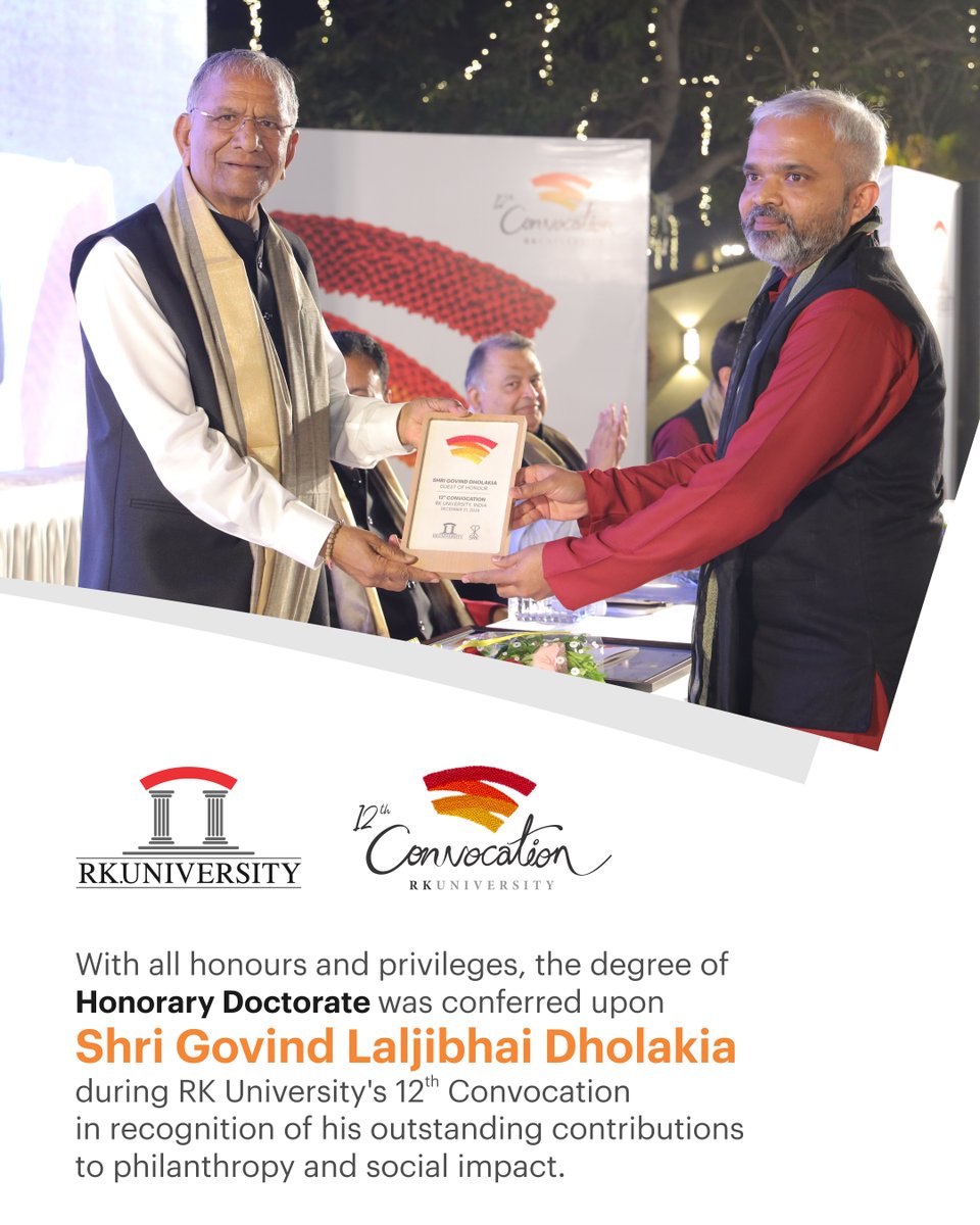 RKUniversity's tweet photo. With all honours and privileges, the degree of Honorary Doctorate was conferred upon Shri Govind Laljibhai Dholakia during RK University's 12th Convocation.
#rku #convocation #rkuniversity #govinddholakia #honorarydoctorate #12thconvocation #rajkot #India https://t.co/1NJddod7Au