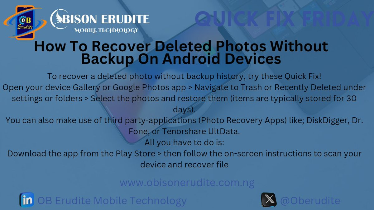 ObErudite's tweet image. 🎥 Quick Fix Friday Episode 16: Recover Deleted Photos Without Backup! 📱✨

Just follow the instructions, and recover your files like a pro 

👉 For more tech tips, follow @Obison Erudite Mobile Technology!

 #QuickFixFriday #TechTips #MobileSolutions #obisonerudite
