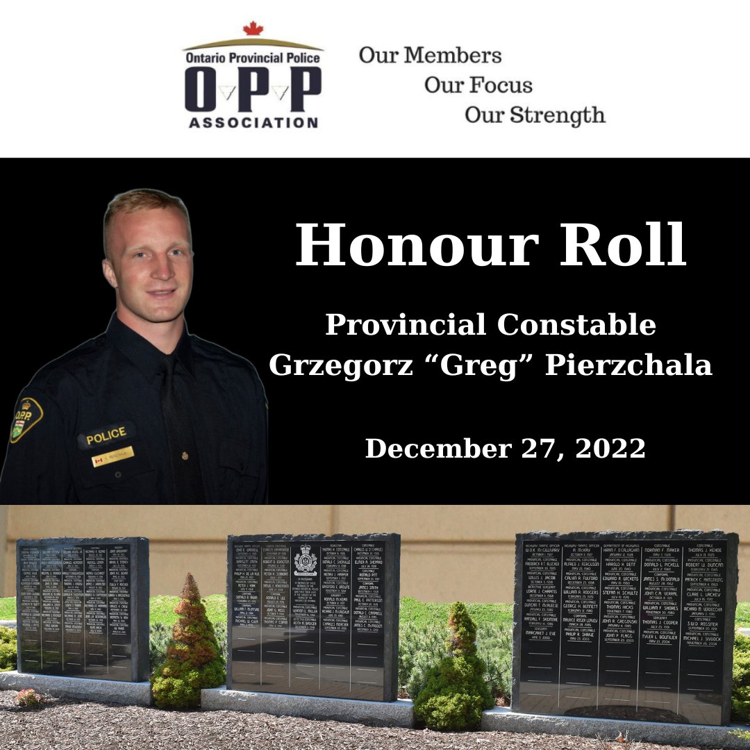 On December 27, 2022 OPP Provincial Constable Grzegorz "Greg" Pierzchala was shot and killed in the line of duty near Hagarsville, Ontario. Greg was a highly respected police officer who is dearly missed by his family, friends and colleagues. #HeroesInLife