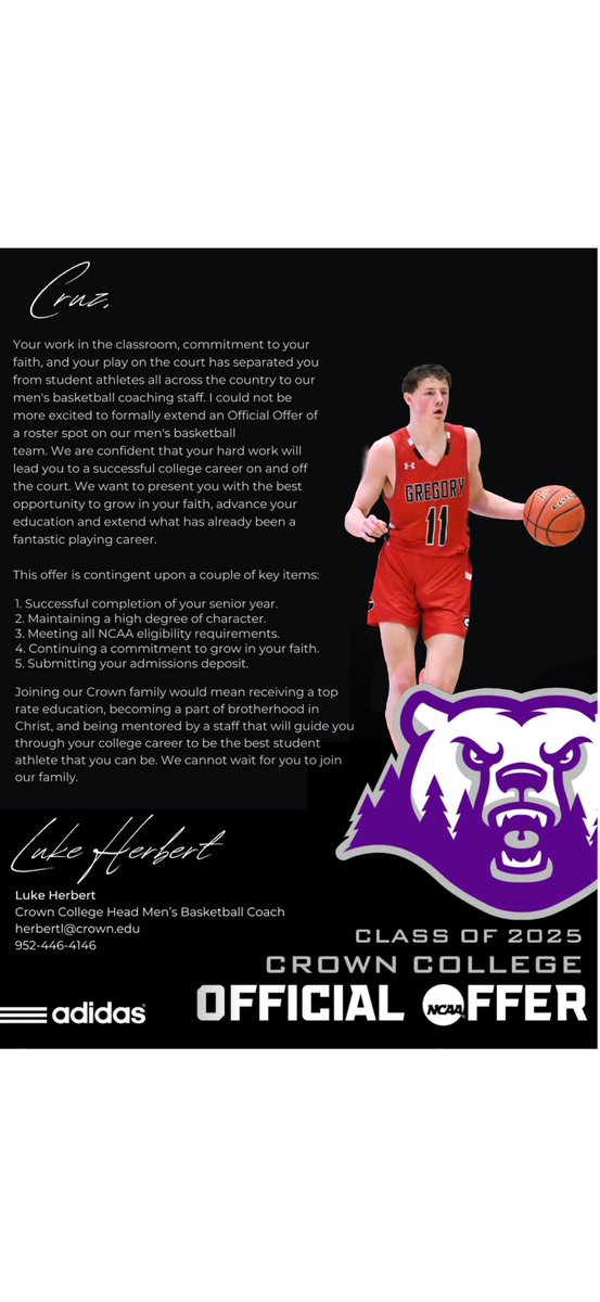 I’m honored to receive an official offer from Crown College! Thank you <a href="/Coach_Herbert/">Luke Herbert</a>!
