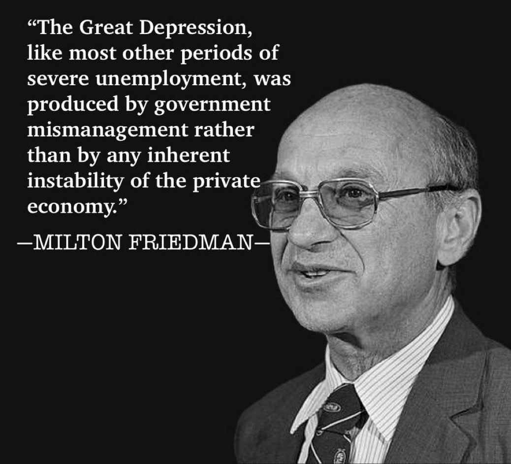 BasedMikeLee's tweet photo. The Great Depression was both created and prolonged by the federal government

Don’t buy the progressive propaganda, which has taught generations of Americans that the Depression was caused by failures of the free market and ended by federal intervention https://t.co/J4mgs6suo9