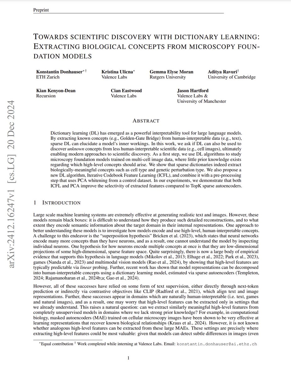 I am particularly bullish on using mechanistic interpretability (especially SAEs) to better understand and discover new knowledge about biology and medicine.

"Towards scientific discovery with dictionary learning: Extracting biological concepts from microscopy foundation models"