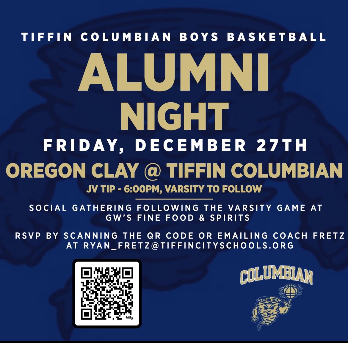 All TCHS Boys Basketball past players, coaches and managers are invited to join us at our JV/Varsity games vs. Oregon Clay on Friday, December 27th. JV game tips at 6pm with varsity to follow.  Alumni are also invited to a social gathering afterward at GW'S Fine Food and Spirits.