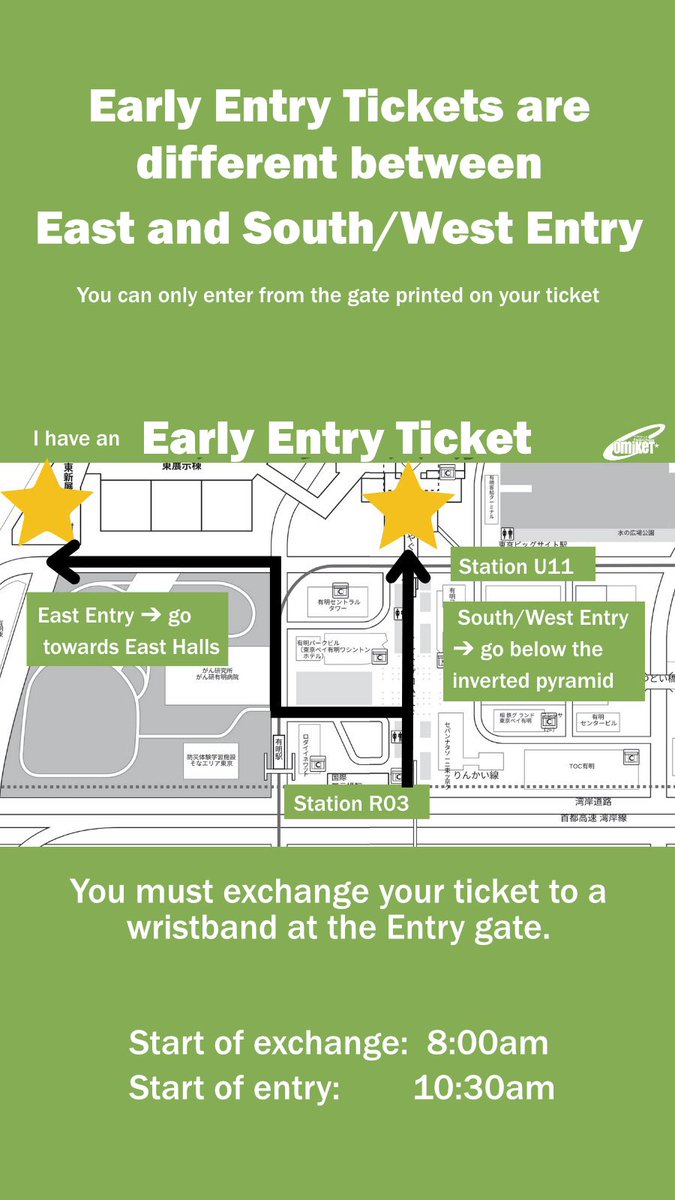 comiket_intl's tweet photo. How to enter Comic Market 105:
￣￣￣￣￣￣￣￣￣￣￣￣￣￣
Early Entry Ticket🎫
AM Entry Wristband ⭕️
PM Entry Wristband ⭕️
e-plus e-ticket (QR code)🎫
Tap the type of ticket/wristband to have to see how to enter C105 after arriving at the station https://t.co/ohxrg8y5QS