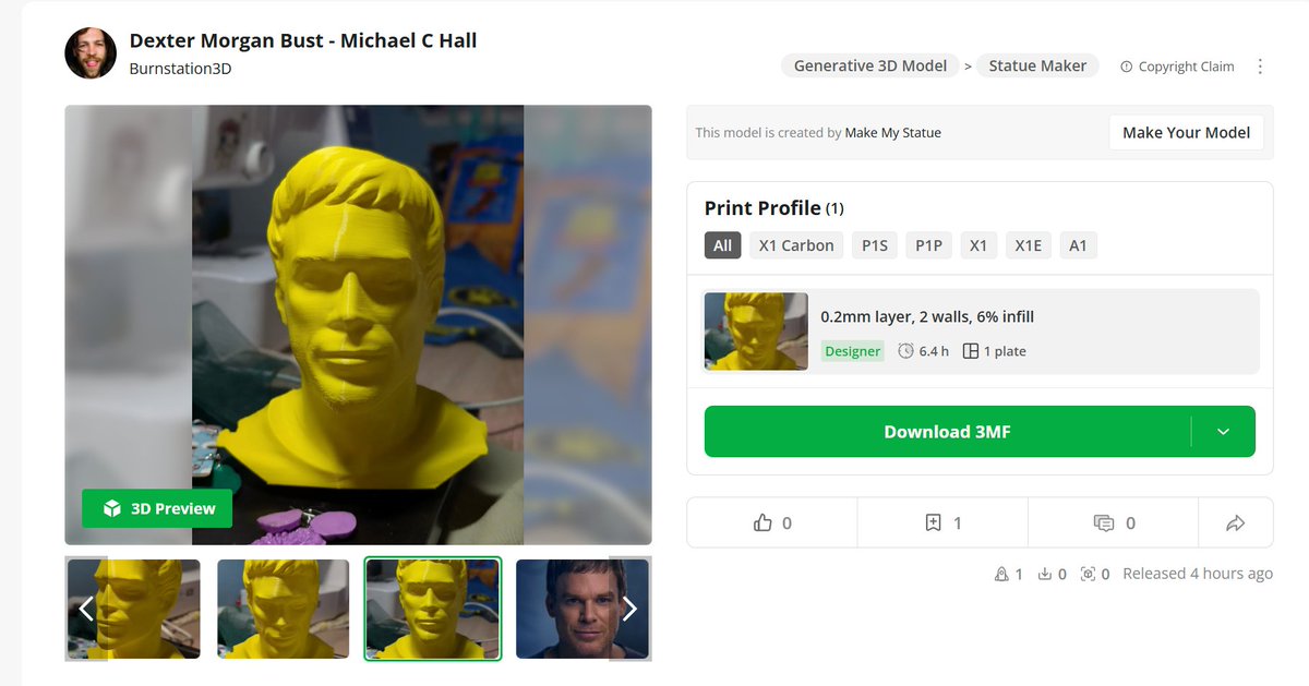 Burnstation3D's tweet image. Check out the Dexter Morgan statue bust I created on @BambulabGlobal #makerworld #makerlab 
&quot;Make My Statue&quot;

I need to clean up the shoulder a bit but it turned out really well 🙂 Available Now!

makerworld.com/en/models/9162…

#Dexter #DexterNewBlood #DexterResurrection