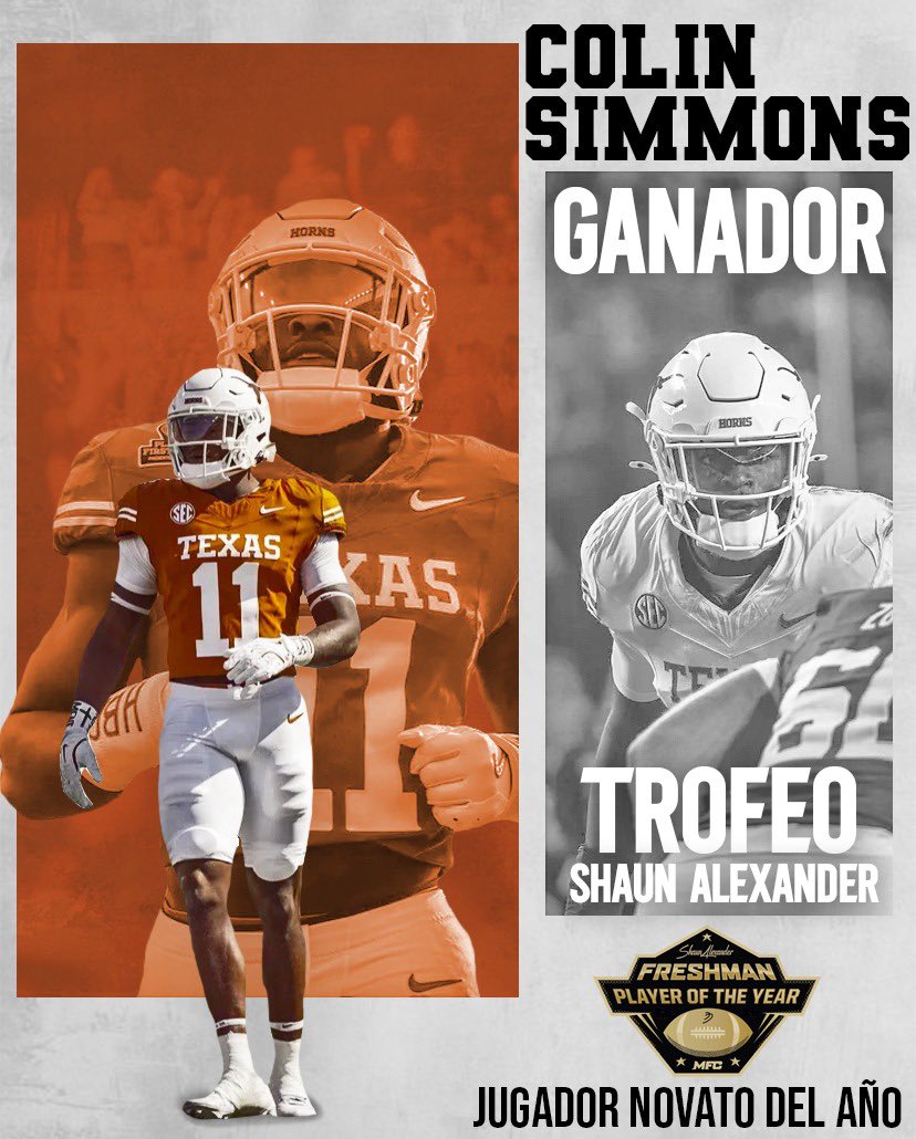 LONGHORNSESP's tweet image. “EL TERROR” de las ofensivas rivales, Colin Simmons es nombrado el ganador del Trofeo Shaun Alexander, como el Novato del Año de la nación #HookEm