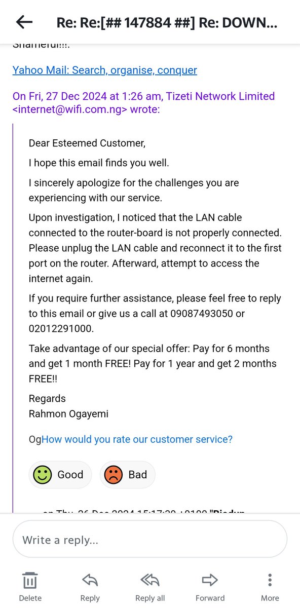 fawebio's tweet photo. @wifisupport1 @Achumejrmm @seunfadahunsi @tizeti They have been send this same mail twice every day since Tuesday and i kept on replying that it is not working. Terrible customer service. The same person sending the same mail despite getting my response. https://t.co/QyUqKjR7lL