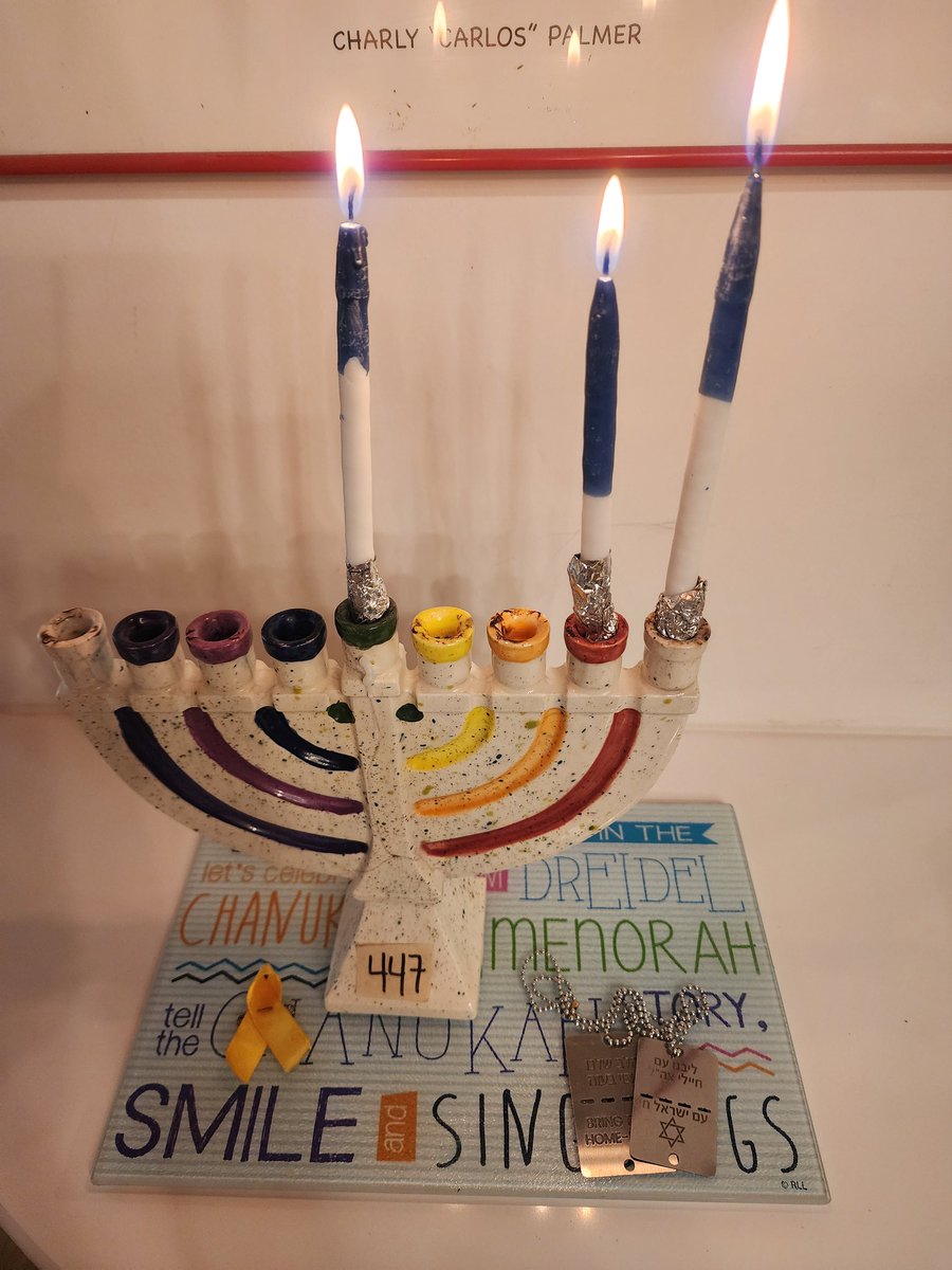 The first two nights of Hanukkah. In addition to the lights from the candles, we're also including our connections to Israel and reminders that 100 hostages are still being held in Gaza by Hamas terrorists.   #BringThemHomeNow