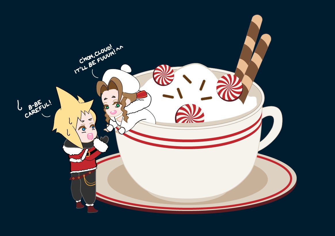 Just a little bit of holiday fun! Happy holidays <a href="/diggingthedig/">Dig | Skadi is cool</a>.bsky.social Hope yer staying as cozy as Cloud and Aerith (mainly Aerith) ☕️ #clerith #clerithsecretsanta2024