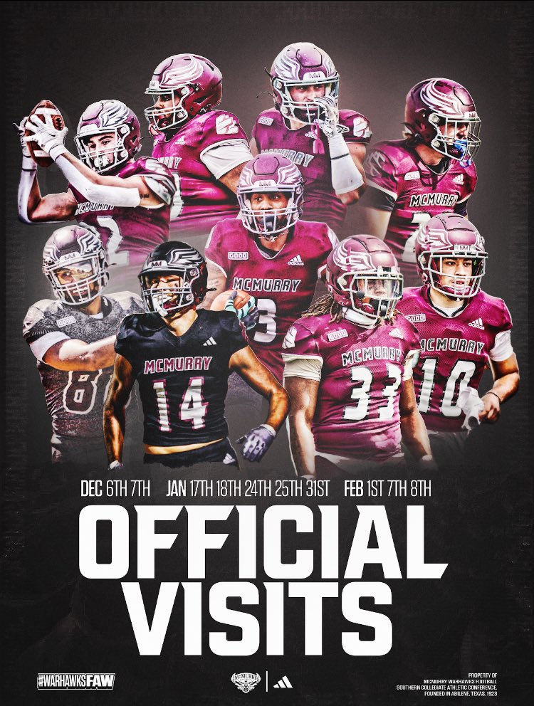 I will be at <a href="/McMURRYFOOTBALL/">McMURRY FOOTBALL</a> on January 18th for my official visit!! Big thanks to <a href="/CoachSnyde/">Will</a> for the invite!