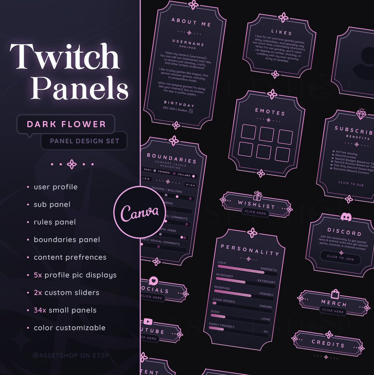 AssetShop_'s tweet image. ‧‧‧᯽ 𝐃𝐚𝐫𝐤 𝐅𝐥𝐨𝐰𝐞𝐫 𝐏𝐚𝐧𝐞𝐥 𝐒𝐞𝐭 ᯽‧‧‧
┊✦ For Twitch Streamers 
┊✦ Color Customizable 
┊✦ Canva + .PSD
+ 𝐆𝐢𝐯𝐞𝐚𝐰𝐚𝐲  
┊⤷ 𝐓𝐨 𝐄𝐧𝐭𝐞𝐫: Follow, 🩷, and ⟲   
┊⤷ 𝟑𝐱 𝐖𝐢𝐧𝐧𝐞𝐫𝐬 𝐀𝐧𝐧𝐨𝐮𝐧𝐜𝐞𝐝 𝗗𝗲𝗰 𝟮𝟵𝘁𝗵