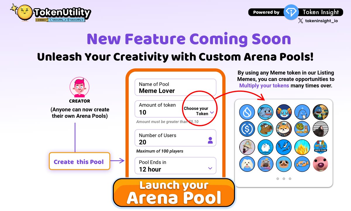 We can't wait any longer to share this with you! 
🚀 New feature Coming Soon🚀 
Anyone can now create Arena Pools using any meme token, at any denomination, and with any number of participants. 
🌟Get ready to dive into the fun and maximize your memecoin gains.   Stay tuned for