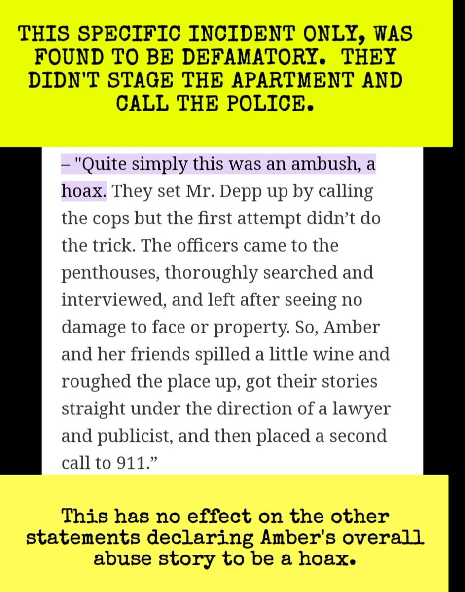 introspectiveho's tweet image. ❌lie:  The VA court verdict was conflicted

✅Truth: The only counter statement that Depp lost was when Adam Waldman accused Ambers friends of helping her stage a scene and call the police twice.  The two other statements calling Ambers overall abuse allegations a hoax were true
