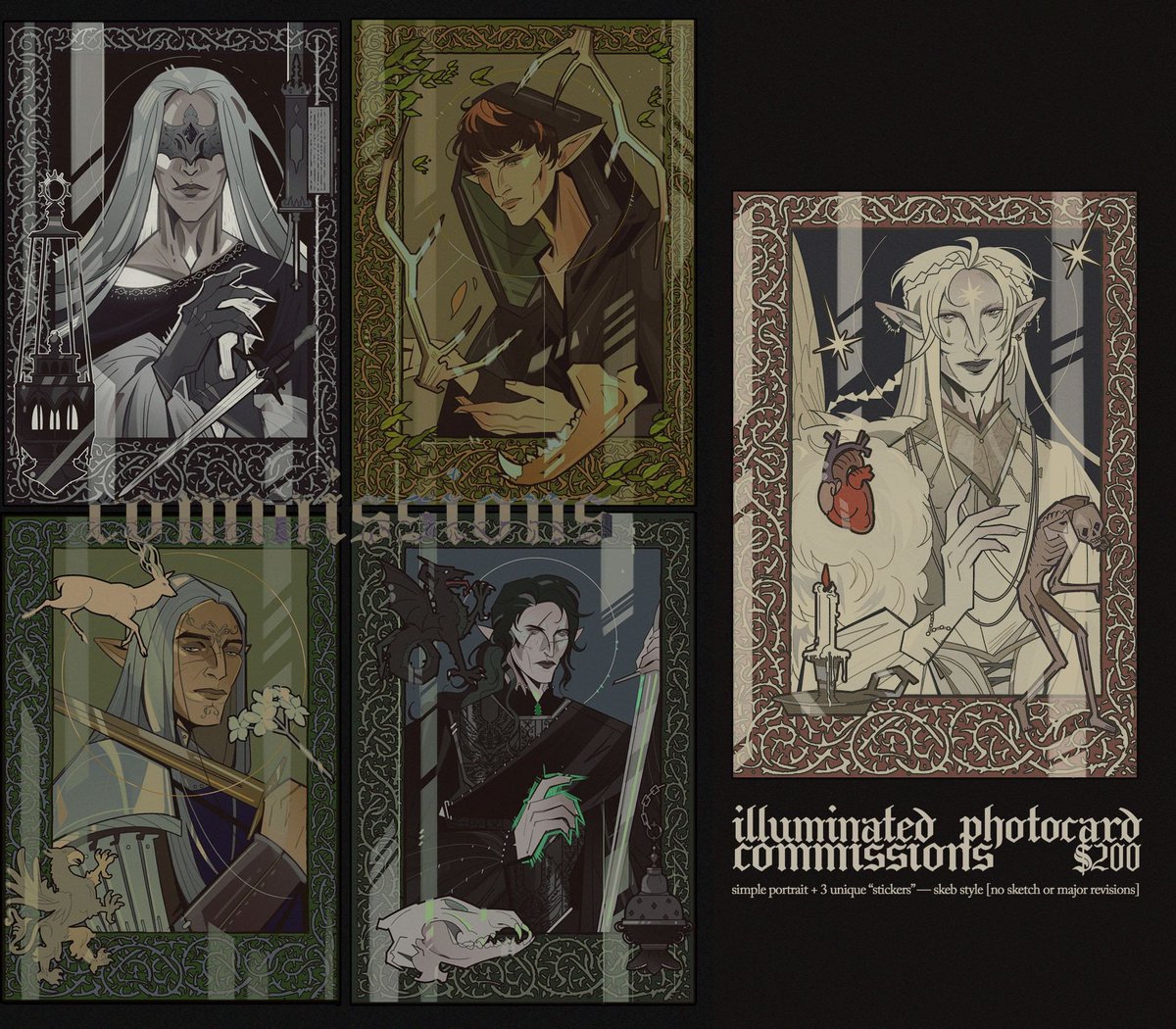 hear ye, hear ye 🔔 —  

illuminated photocard commissions are opening again tomorrow [friday, dec 27] @ 7pm est. they will be completed in january.   

fcfs ( ko-fi. com/sabattons/commissions )   

as always, any support, shares, etc. is greatly appreciated 🖤