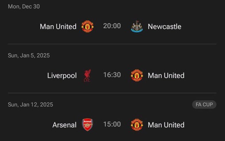 Mainoo's tweet image. We’re 7 points off relegation and these are our next 3 games