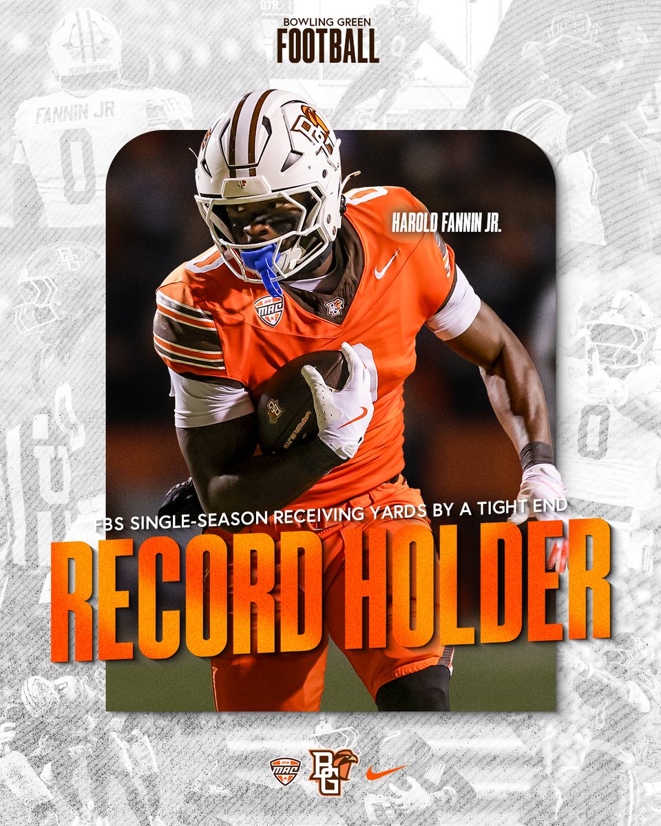 BGSU Football (@bg_football) on Twitter photo ๐ผ๐๐ฟ ๐๐๐ ๐๐ฝ๐ ๐๐๐พ๐๐๐ฟ ๐๐๐๐ฟ๐๐... ๐๐ผ๐๐๐๐ฟ ๐๐ผ๐๐๐๐ ๐
๐.
With that catch, Harold Fannin Jr. is the new FBS single-season record holder for receiving yards by a tight end, breaking Jace Amaro's record from 2013!
#AyZiggy ๐ผ๐๐ฟ ๐๐๐ ๐๐ฝ๐ ๐๐๐พ๐๐๐ฟ ๐๐๐๐ฟ๐๐... ๐๐ผ๐๐๐๐ฟ ๐๐ผ๐๐๐๐ ๐
๐.
With that catch, Harold Fannin Jr. is the new FBS single-season record holder for receiving yards by a tight end, breaking Jace Amaro's record from 2013!
#AyZiggy