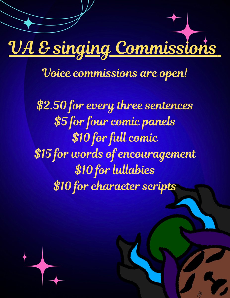 ALucidDreamVA's tweet photo. Here is my Comm sheet! I will be providing a voice reel in the future! https://t.co/l2SEctUGXK