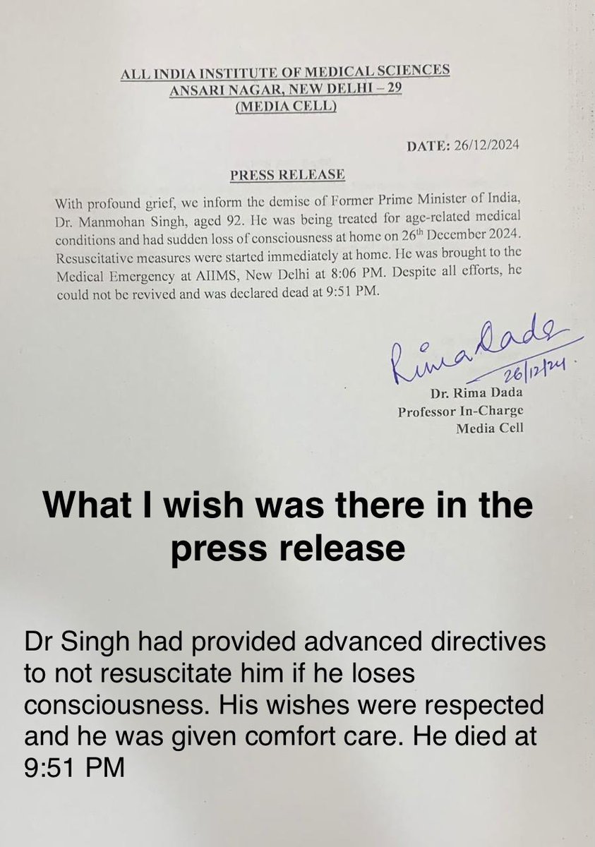 Tributes to Dr Manmohan Singh. 

Why are we not discussing advanced directives with our elderly?

#palliativecare