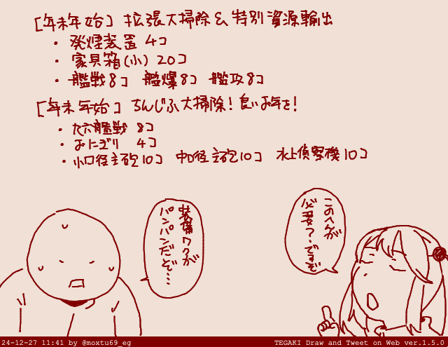 弊社漣「こりゃ年内に大掃除が終わりませんな〜」 #tegaki_dt 