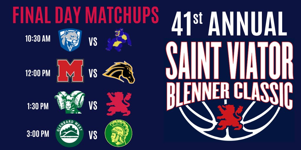 FINAL DAY of the 41st annual <a href="/BlennerClassic/">Saint Viator Blenner Classic 🏀</a> FRIDAY!!!

10:30 <a href="/VH_GBK/">VHGirlsHoops</a> vs <a href="/girls_wheeling/">Wheeling Girls Basketball</a>
12:00 <a href="/MHS_GirlsBB/">MHS Girls Basketball</a> vs <a href="/mvhsgirlsbb/">MVHS Girls Basketball</a>
1:30 <a href="/GCHSGirlsBball/">GCHS Girls Hoops</a> vs <a href="/ViatorGBB/">Saint Viator Girls Basketball</a>
3:00 <a href="/girls_gw/">GWGirlsHoops</a> vs <a href="/GBNGirlsBball/">GBN Girls Varsity Basketball</a>

Join us LIVE or via <a href="/ViatorAthletics/">Saint Viator Athletics 🦁</a> HudlTV:
fan.hudl.com/usa/il/arlingt…

#BlennerClassic41
