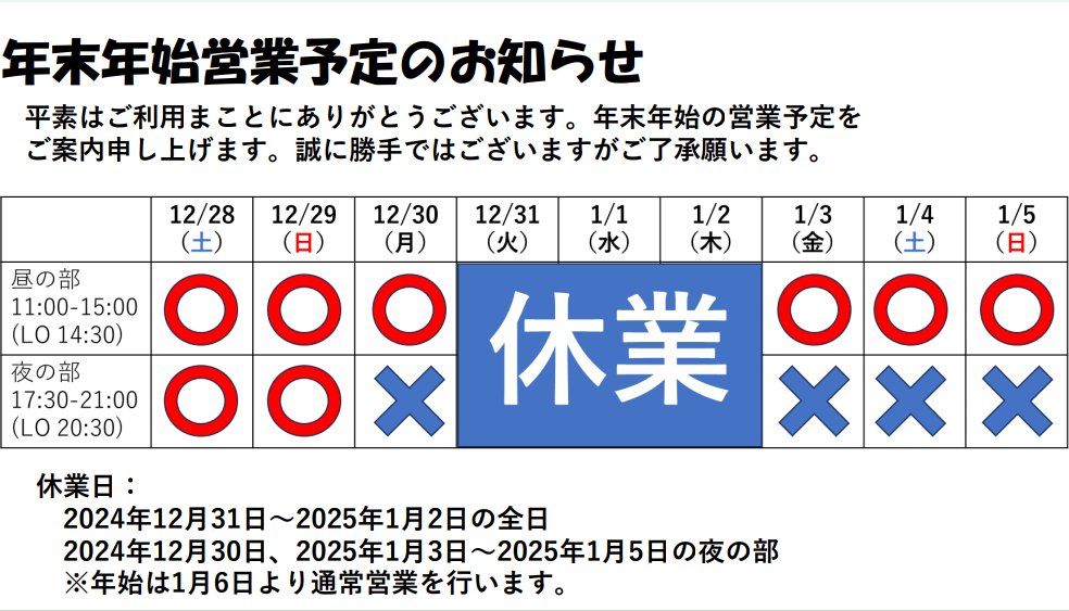 12月29日(日)通常営業
12月30日(月)昼営業のみ(11:00〜14:30Lo)
12月31日(火)〜1月2日(木)休業
1月3日(金)〜5日(日)昼営業のみ(11:00〜14:30Lo)
1月6日(月)より通常営業となります
本年もたくさんの方に支えられながら営業する事ができました！
健康に気をつけて良いお年をお迎えください🙇