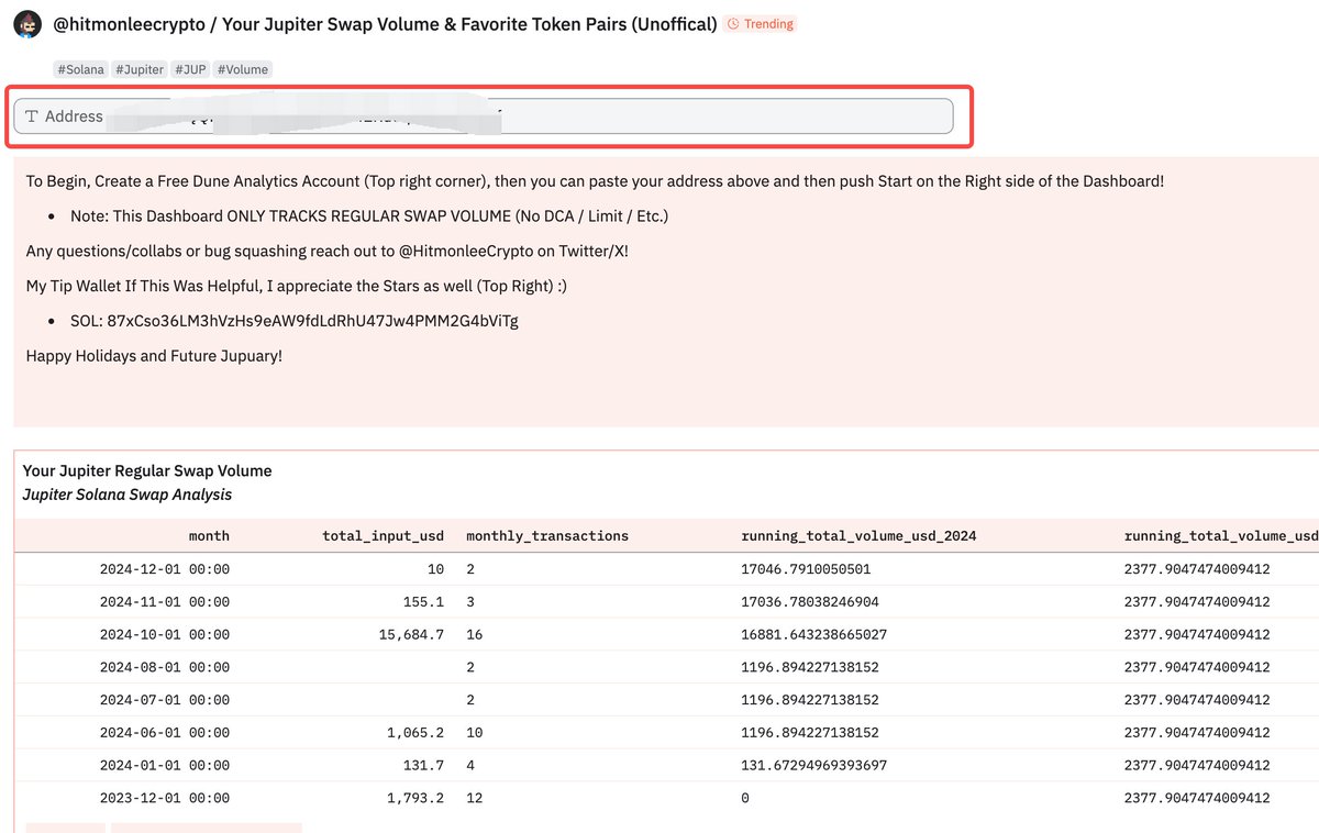 sanyi_eth_'s tweet image. 据说是 @JupiterExchange 的下一次空投规则，交易 800u可以拿 50 枚 $jup
要查询自己交易了多少，去下面链接查
链接：dune.com/hitmonleecrypt…
输入地址然后直接点击run就行了