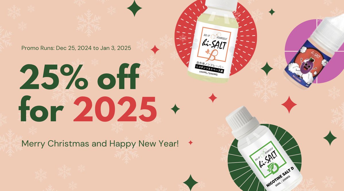 We wish you a Merry Christmas and a joyful New Year! From 12/25/24 to 01/03/25, you can get 25% off on your favorite products! No coupon code is required! Order today!
Order at:
Aus: hiliqau.com
Global: hiliq.com
#HILIQ #holidays2024 #Vaping #nicotine