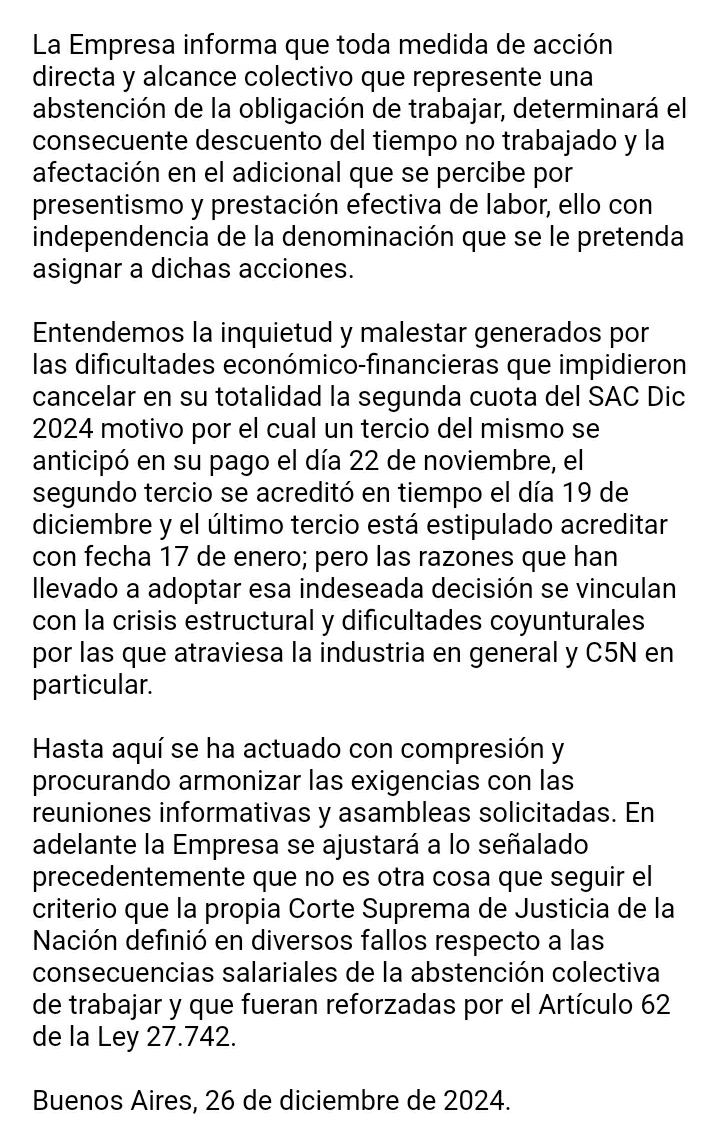 C5N no terminó de pagar los aguinaldos y amenaza a sus trabajadores con la aplicación de la Ley Bases si protestan: "La hipocresía de Indalo Media"