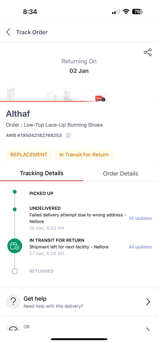 iamalthafhusain's tweet photo. @help_delhivery @AJIOLife Do me a favour and cancel this order i don’tneed these shoes anymore. Im traveling to hyderabad on dec 28. So its a no use for me to deliver in jan 2 which supposed to deliver on dec 18
Never gonna order from Ajio anymore 
#worstservice https://t.co/Y5xEnl9xVw