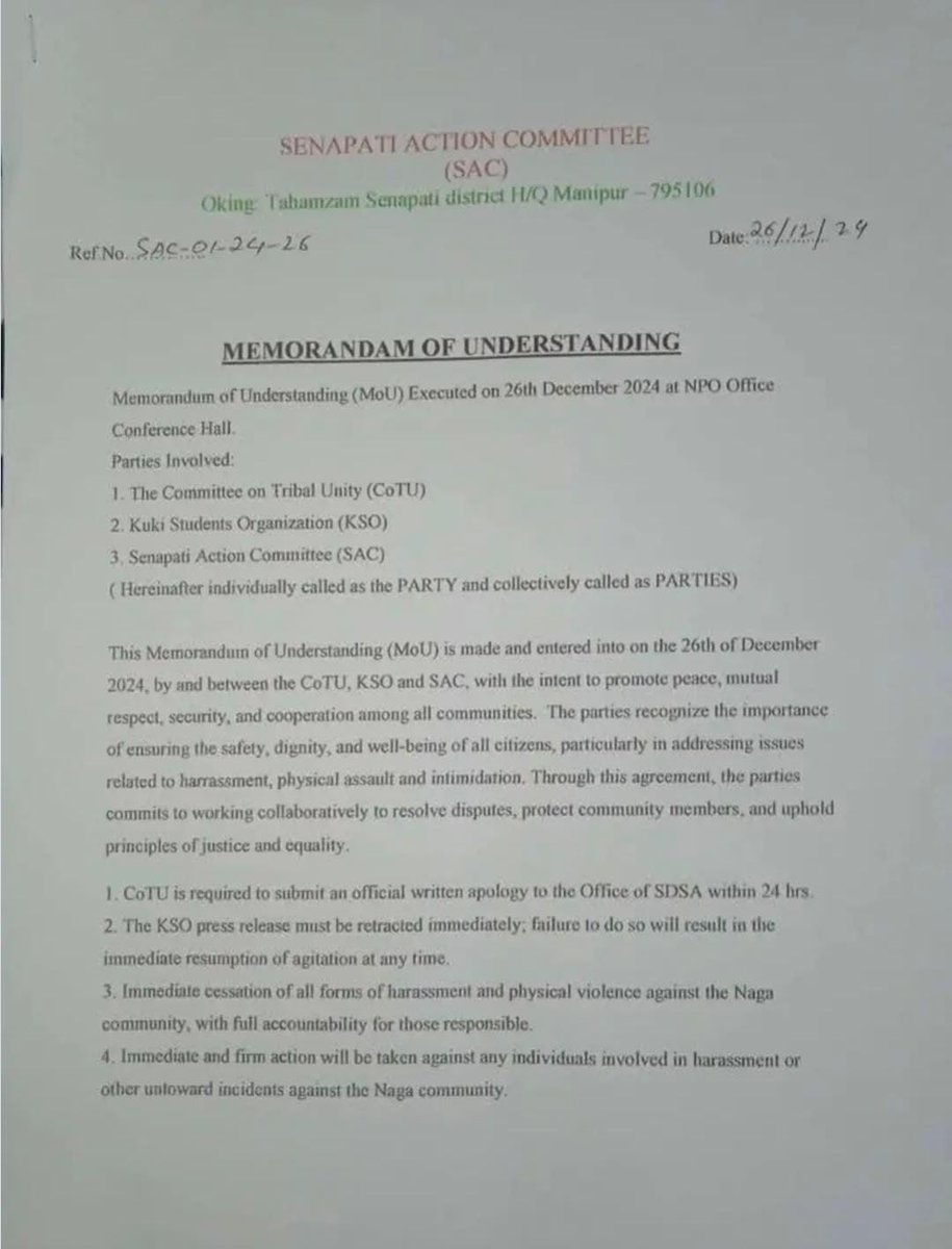 ChetryBikash's tweet image. #ManipurUpdate

In the ongoing dispute between Kuki and Naga in Kangpokpi and Senapati, both parties have signed an MoU to end the violence. 

Committe on Tribal Unity (Kuki CSO) to submit written apology, Kukis to stop all forms of harassment to Nagas, action against Kuki…