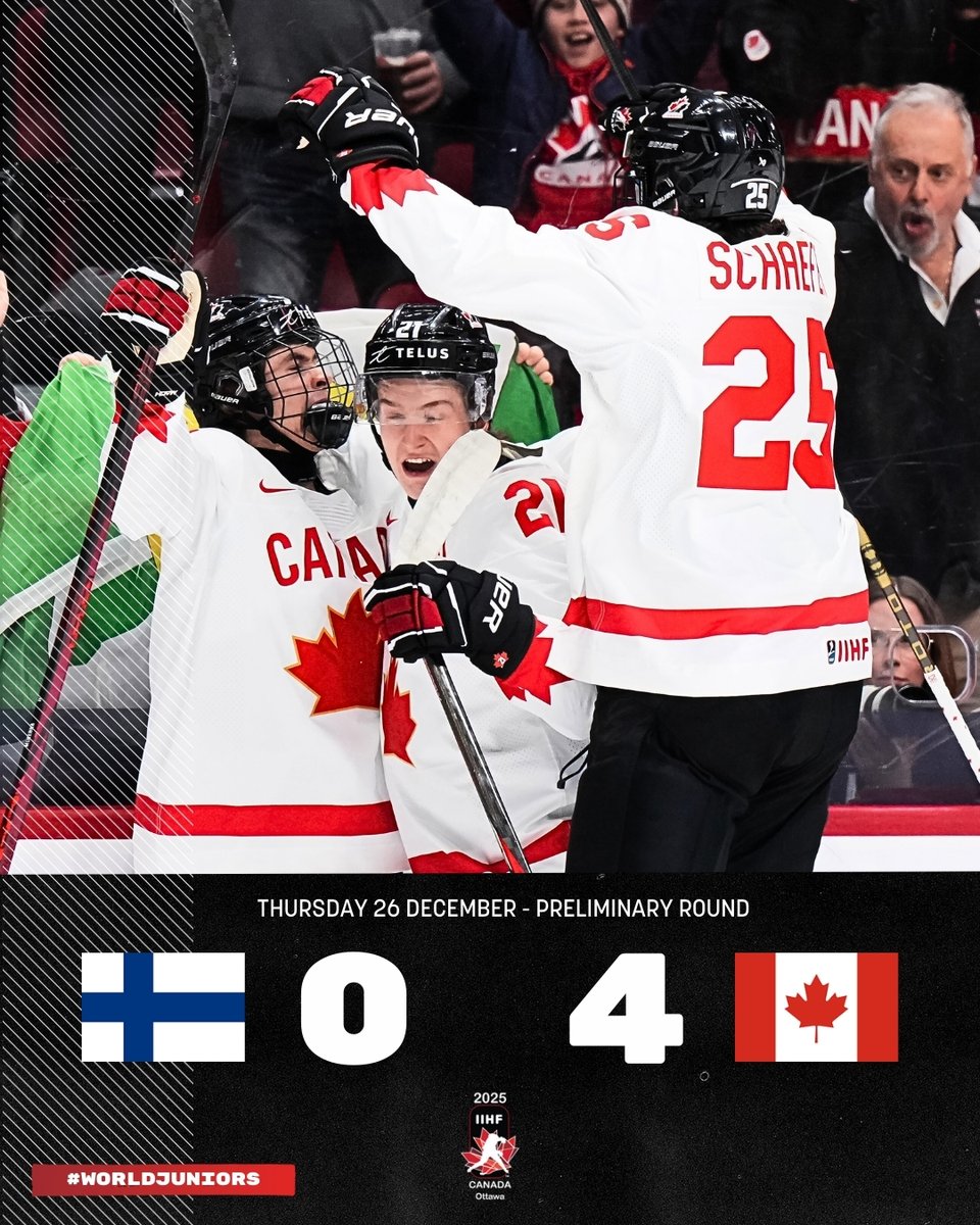 Canada blanks Finns on Day One of the 2025 #WorldJuniors.🇨🇦💪

Full game story ➡️ iihf.com/en/events/2025…

#IIHF @hockeycanada