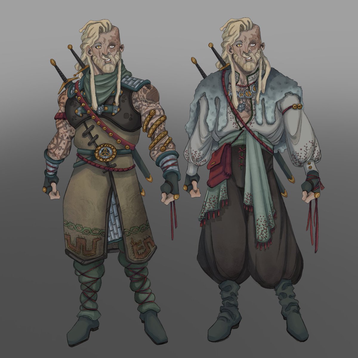 My Witcher Grigor from the School of the Bear 🐻 
He wears little bells on his outfit in the hopes of starting a fight with whatever is roaming the wilderness. (It’ll probably get him killed eventually)
#characterdesign