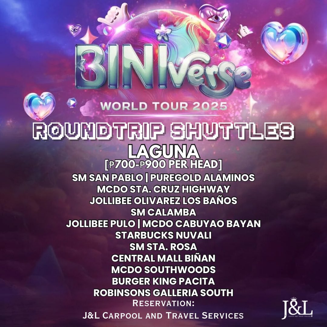jandlcarpool's tweet photo. Hello, BLOOMs🌸
Carpool ~ roundtrip concert shuttle for #BINIVerseWorldTour2025 is now ongoing🥰

BINI - BINIverse World Tour 2025
#BINI #BINIWT2025 #BINIWTPh 
📆 February 15, 2025
📍 Philippine Arena

BOOK HERE >>> https://t.co/Kt1egs2dgG

Quezon ~ Batangas ~ Laguna ~ Cavite https://t.co/SQuWJVyTIo