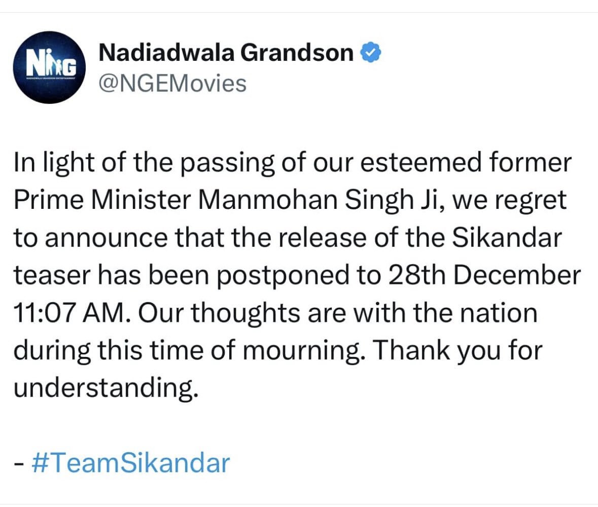taran_adarsh's tweet photo. SALMAN KHAN - 'SIKANDAR': TEASER SHIFTED TO *TOMORROW*... OFFICIAL STATEMENT FROM PRODUCERS...
#SalmanKhan #SajidNadiadwala #ARMurugadoss #SikandarTeaser https://t.co/QSOx9cXp5a
