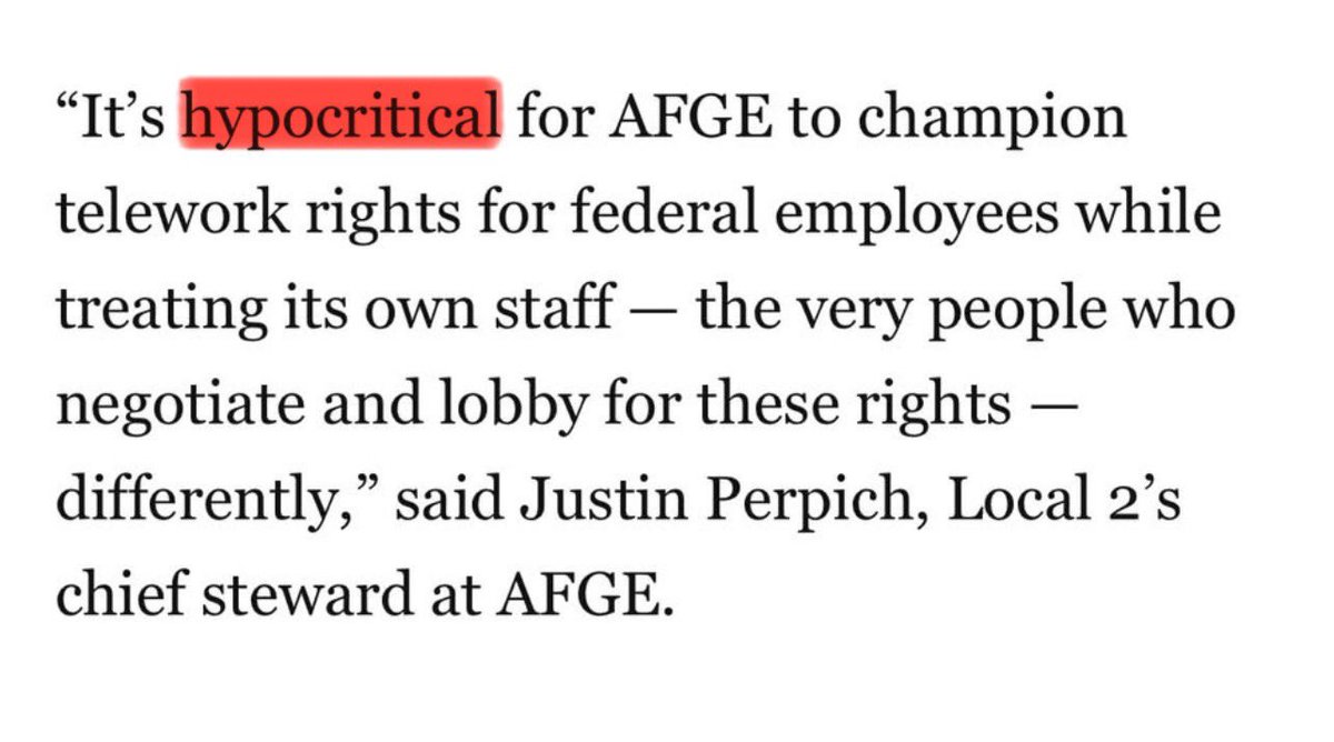 While <a href="/AFGENational/">AFGE</a> leaders publicly champion telework rights for federal employees, behind closed doors they’re stripping away telework rights from their own staff. 

washingtonpost.com/politics/2024/…