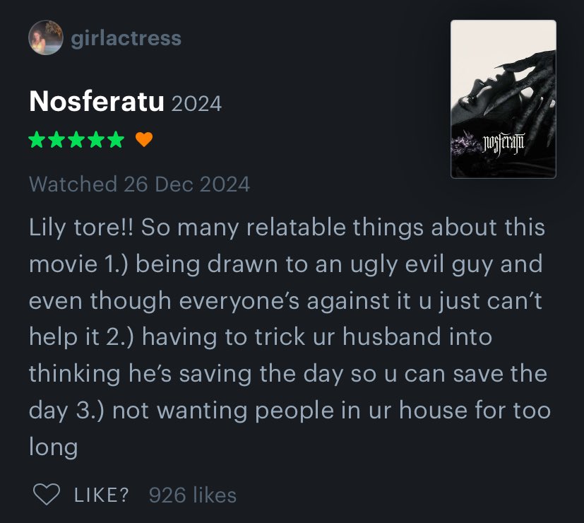 Rachel Sennott’s review of ‘NOSFERATU’ on Letterboxd: 

“So many relatable things about this movie 1.) being drawn to an ugly evil guy and even though everyone’s against it u just can’t help it…“