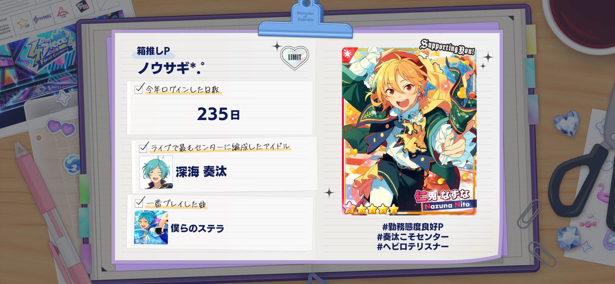 Sobble_0816's tweet photo. 【#あんスタで過ごした2024年】

#あんスタMusic の1年を振り返ろう♪

#勤務態度良好P
#奏汰こそセンター
#僕らのステラ_ヘビロテリスナー

#あんスタ https://t.co/1vDIHErQsP