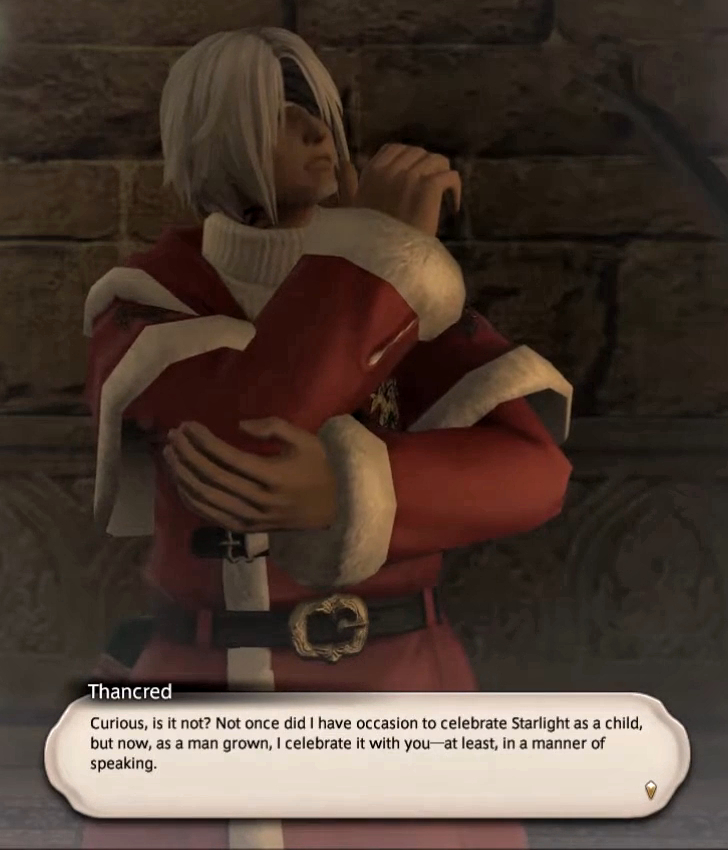 In the bittersweet (dream) conversation with Thancred from 2016 Starlight, we learn that he never celebrated it as a kid: “Curious, is it not? Not once did I have occasion to celebrate Starlight as a child, but now, as a man grown, I celebrate it with you”🥹 #Thancred #ffxiv