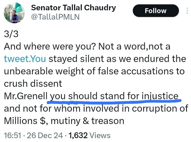 "مسٹر رچرڈ گرنیل، آپ ناانصافی کے ساتھ کھڑے ہو جائیں" 

طلال چوہدری کی انگریزی میں ٹویٹ
😂😂🤣🤣🤣

درویش نے صیح کہا تھا کہ ایک تو یہ پڑھے لکھے نہیں اور اوپر سے کوشش بھی نہیں کرتے
#NoRightsNoRemittances