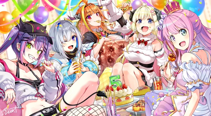 遅まきながら、ホロふぉーす5周年応援広告のイラストを描かせて頂きました!5年前に5人が4期生になってくれたキセキに感謝来年まで掲出されておりますので高解像度のものは是非現地で見てみて下さい!#ホロふぉーす5周年記念応援広告#TOWART #かなたーと #みかじ絵 