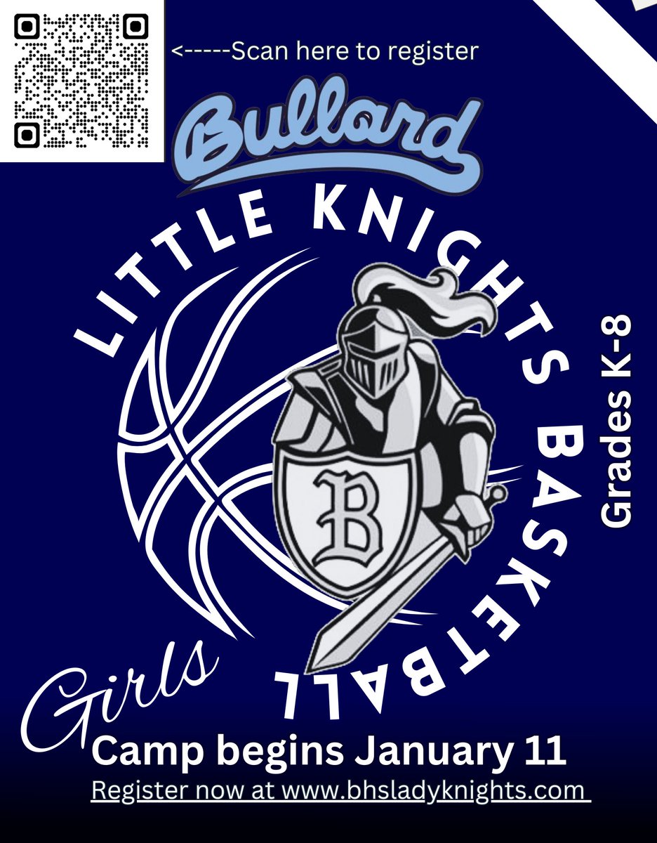 We are so excited about Little Knights GIRLS Basketball Camp. Camp begins January 11 and goes for 5 consecutive Saturdays. It's so much fun.
Grades K-8. Don't miss out. 
Spots are filling up fast. 
More info at bhsladyknights.com