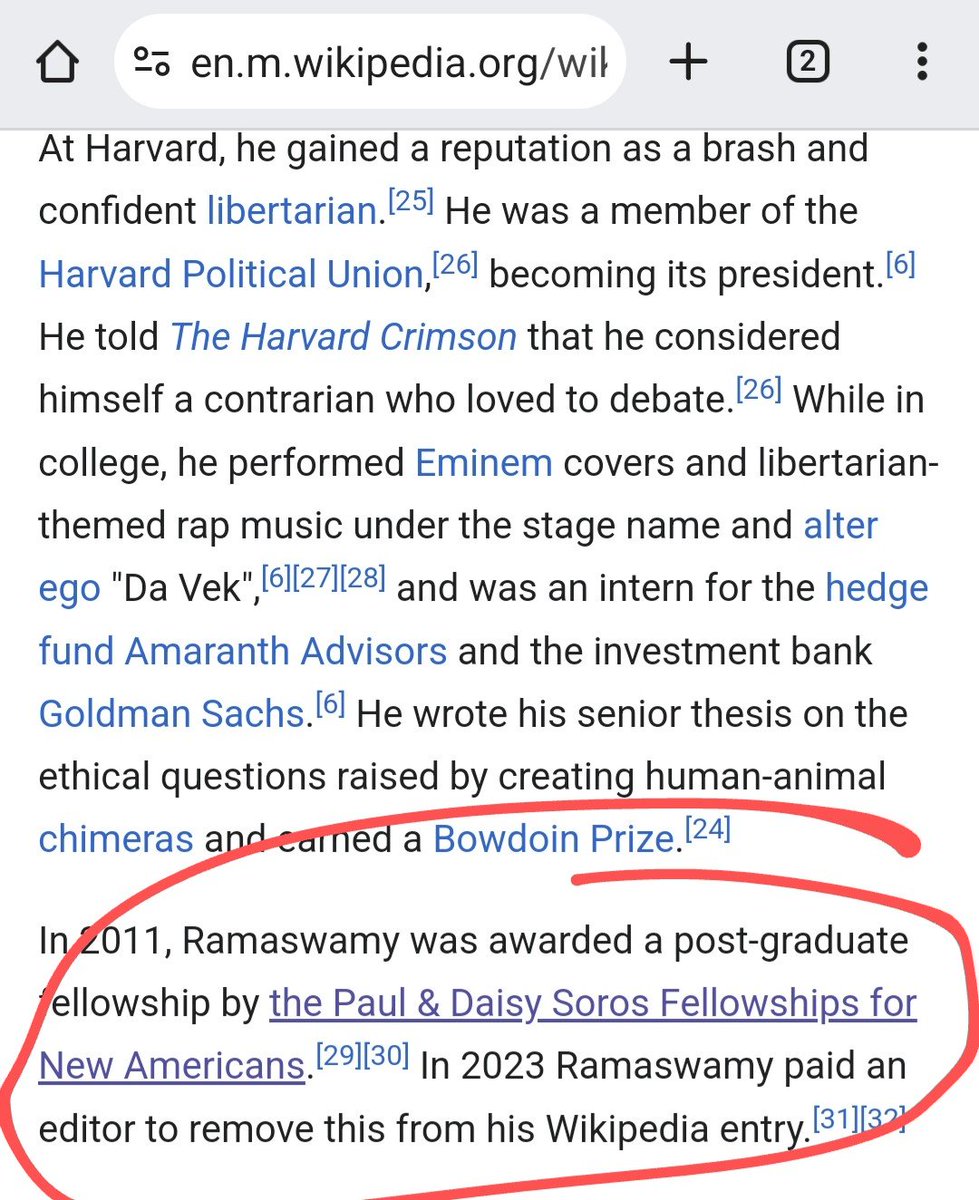 subhavsamarth's tweet photo. Vivek always criticizes Quotas. But he himself used quota 'reserved' for immigrants only when Vivek has in his study years. 

(That too, when his father was an engineer at a big MNC and mother was a doctor.)

He even asked wikipedia to remove this detail from his bio.

The question is:

1) If he used quota, why is he against others using quota?

2) Why getting the details deleted?

See attached pics. Funny, no?